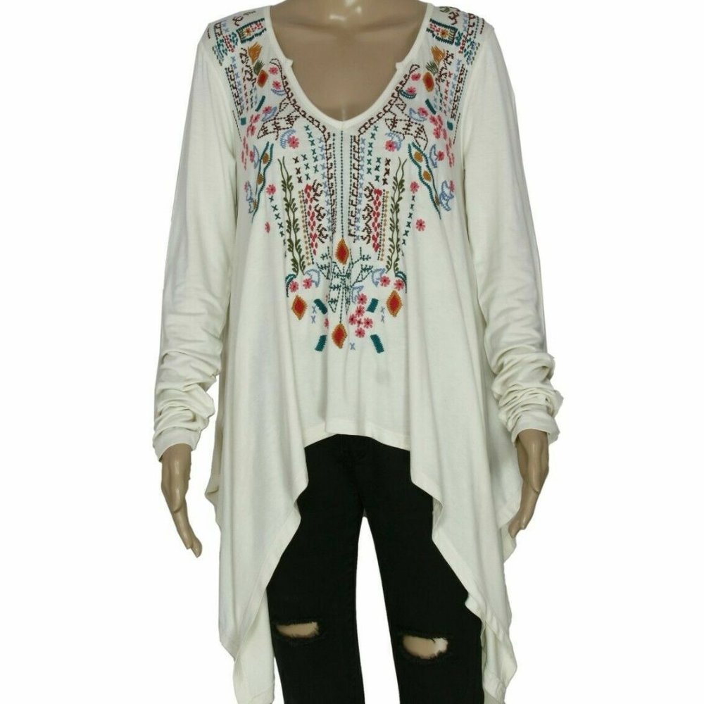 Caite & Kyla Seo Embroidered Tunic Top New Ivory Asymmetrical Casual Bohomian S